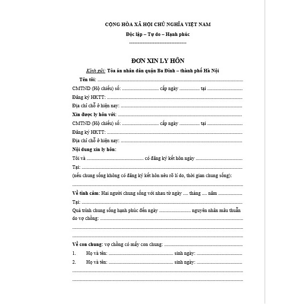 Mẫu đơn ly hôn đơn phương của Tòa án quận Ba Đình+bản hướng dẫn chuẩn bị hồ sơ, hướng dẫn nộp hồ sơ đến Tòa án
