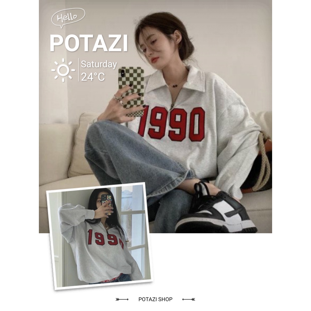 Áo Sweater Nữ Chất Liệu Nỉ, Khóa Kéo Cổ Áo - Áo Dài Tay Nữ Form Rộng 1990 Basic AT11