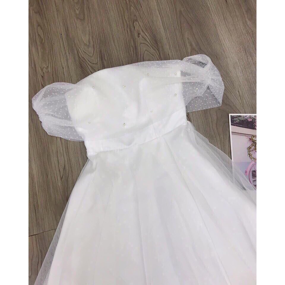 Đầm trắng công chúa dự tiệc trễ vai dáng xòe phối lưới xinh đẹp sang trọng dễ thương XUKA DRESS(kèm hình thật)