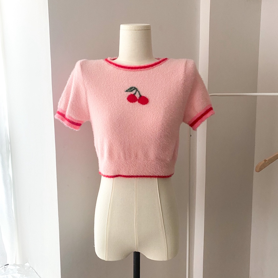 Áo Thun Tay Ngắn Phối Lông Màu Hồng Cherry Dễ Thương