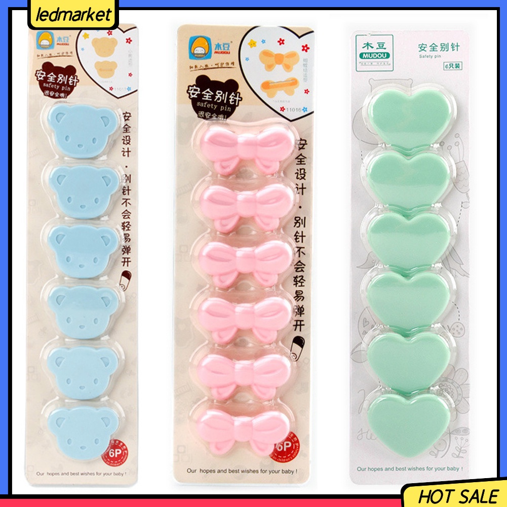 Set 6 ghim băng giữ tã yếm ăn thiết kế gấu/ nơ/ trái tim hoạt hình an toàn đáng yêu dành cho em bé