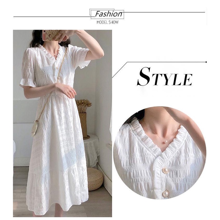Váy Trắng Tay Ngắn Cổ V Cổ Điển Pháp Phong Đơn Giản Váy Nữ