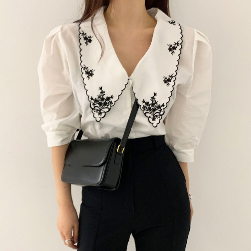 Áo sơ mi kiểu nữ Thiết kế Retro Tay bồng Form rộng Ulzzang Hàn Quốc Sơ mi nữ Cổ điển Vintage Tay lửng