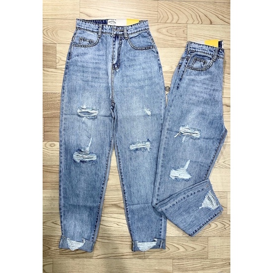 Quần jean dài phom Baggy/boyfriend lưng cao, co dãn mạnh, màu xanh đá Rách kiểu bụi bặm 4089