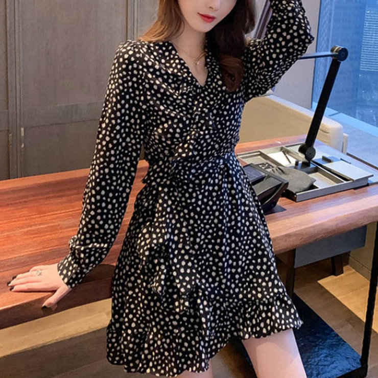 Fashion Autumn Long Sleeve Dresses For Women Korean Printing Dress Casual V-neck Lady Dress Ruffles Chiffon Ladies Dresses