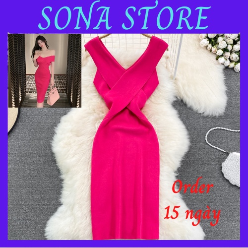 Váy body trễ vai dáng dài len dệt kim cổ v đầm ôm nữ sexy gợi cảm sang chảnh tiểu thư bánh bèo hàng quảng châu cao cấp