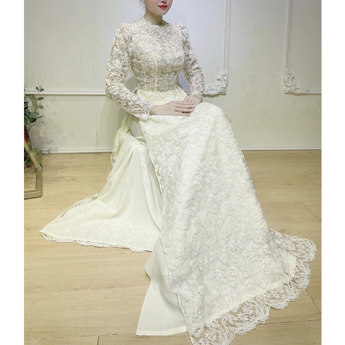 Áo dài  cưới cô dâu 4 tà ren xốp có đính kết như hình