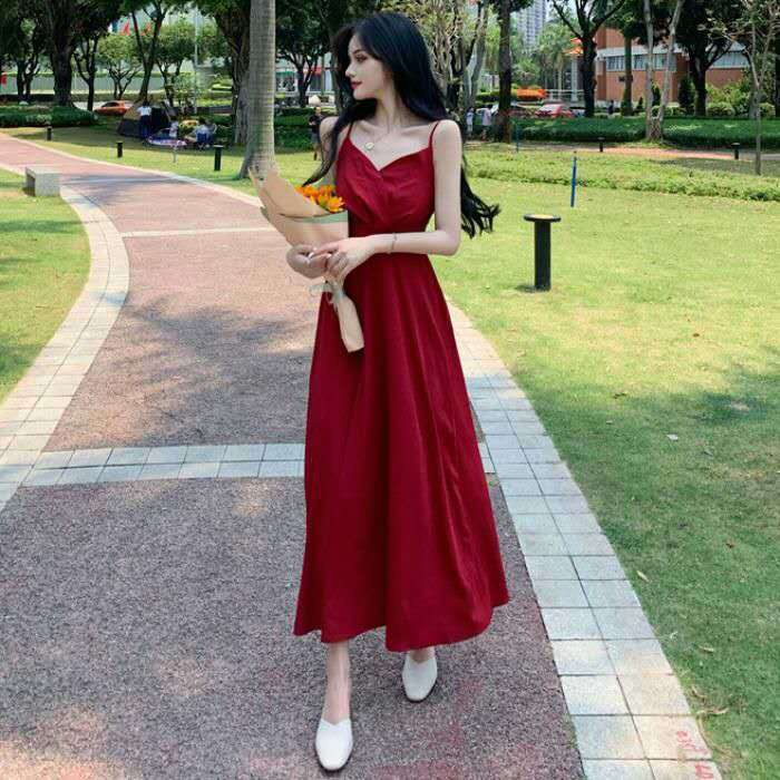 Đầm midi hai dây dáng chữ A lưng cao màu đỏ phong cách mới Pháp size lớn 2021