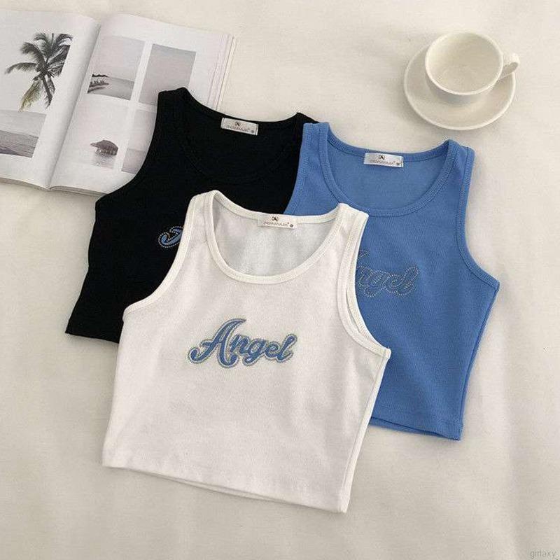 Áo croptop sát nách in chữ phong cách Hàn Quốc