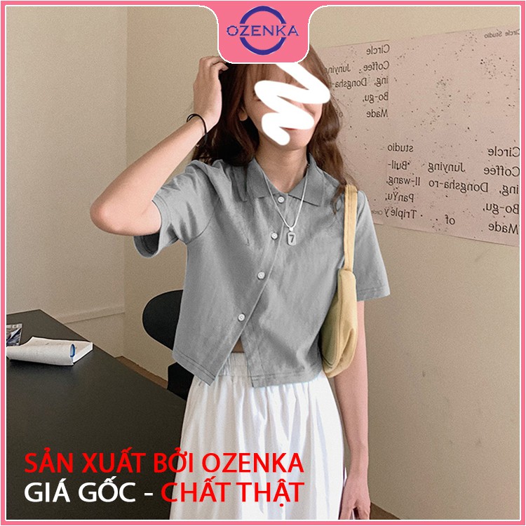 Áo croptop polo tay ngắn vạt chéo nữ Ozenka , áo thun ôm nữ có cổ cúc thật thun gân 100% cotton size dưới 50 cân