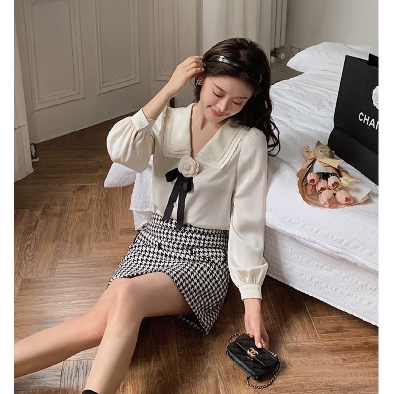 Áo sơ mi trắng tiểu thư cổ xếp 3 lớp(hoa nơ rời)