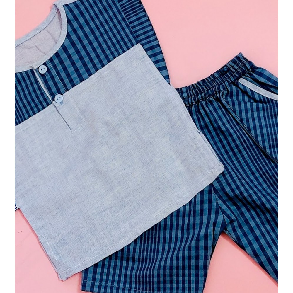 Bộ quần áo ngắn bé trai họa tiết Caro xanh cotton - AICDBGPMP0FI - AIN Closet