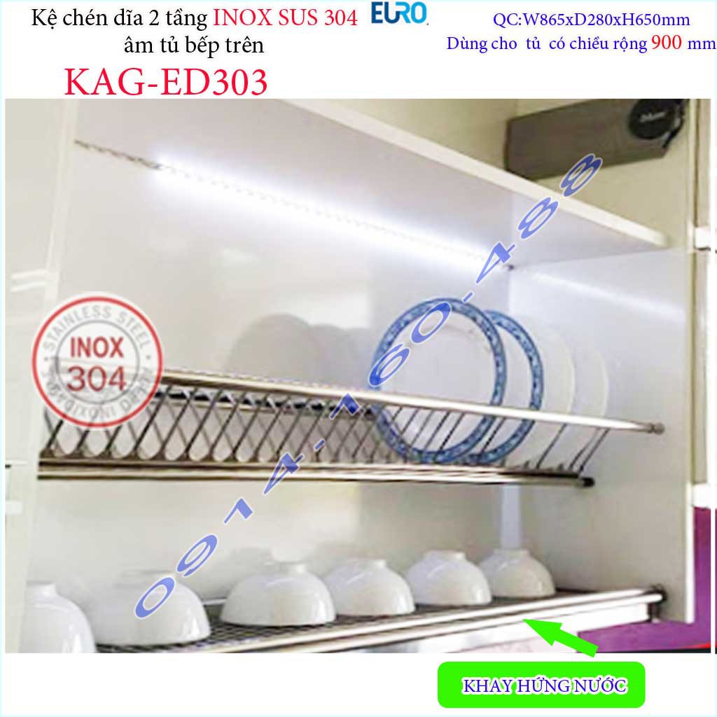 Kệ  đựng chén dĩa âm tủ  Inox 304 KAG-ED303-90cm, Kệ chén bát 2 tầng chữ V EURO, kệ âm tủ trên