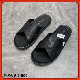 Dép lê nam quai chéo màu đen dập vân cao cấp (fullbox)