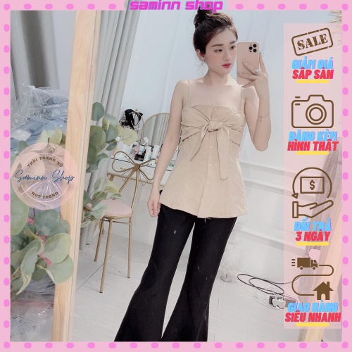 Set áo 2 dây nơ ngực mix quần ống loe SAMINN, set đồ nữ cá tính đi chơi sang chảnh, bộ đồ nữ mùa hè mặc nhà đẹp rẻ SS42
