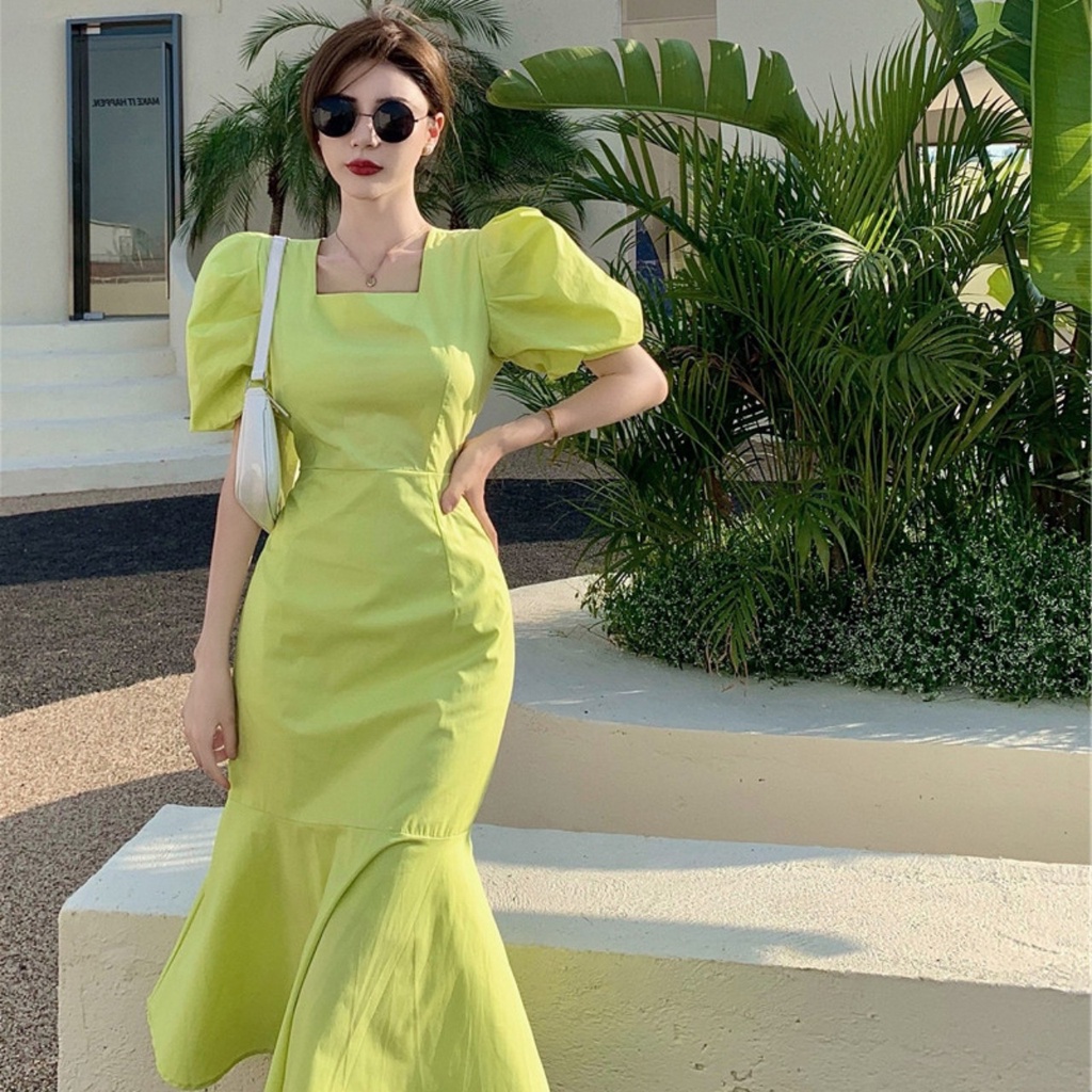 Váy nữ Vic's cổ vuông đuôi cá thiết kế tay phồng dáng dài, Đầm thời trang công sở cao cấp dự tiệc sang trọng V105 | BigBuy360 - bigbuy360.vn