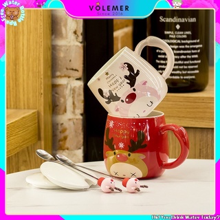 Cốc uống nước bằng gốm họa tiết tuần lộc Giáng Sinh hoạt hình dễ thương có nắp và muỗng