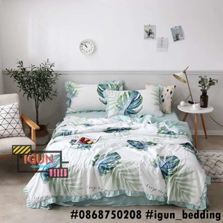 Bộ CHĂN GA GỐI Đũi Trần bông set LÁ KHOAI XANH MỚI  4 món Nhập Khẩu