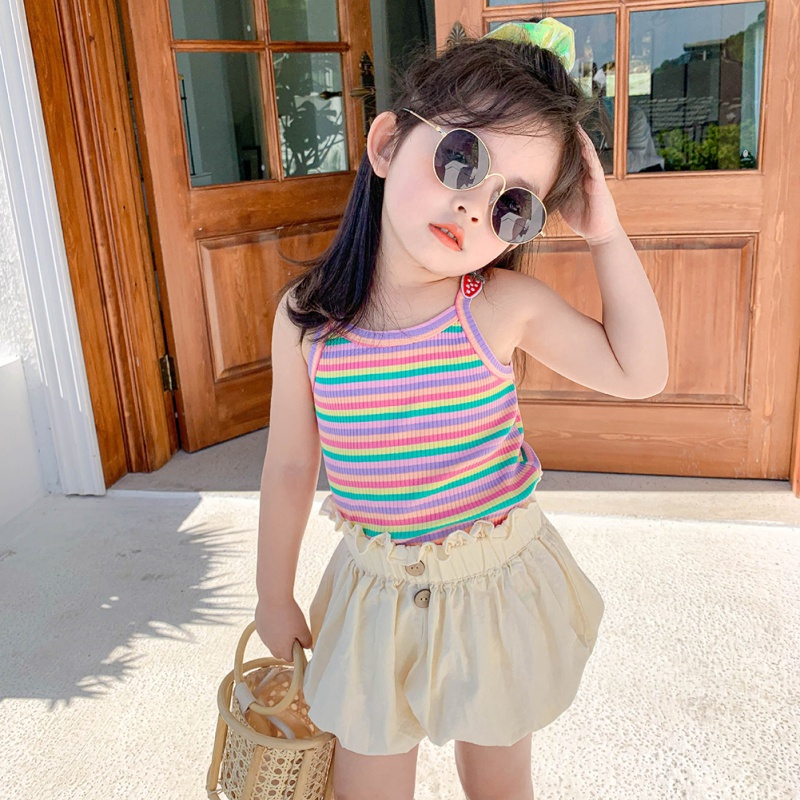 Áo Thun Sát Nách Kẻ Sọc Màu Cầu Vồng Thời Trang Cho Bé Gái