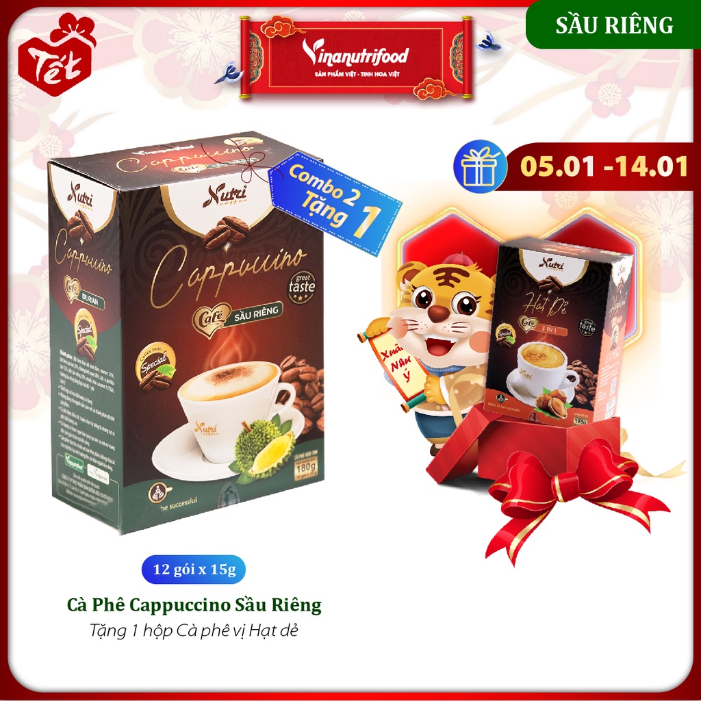 Cà phê capuchino sầu riêng Vinanutrifood C02, hương vị sầu riêng đặc trưng, giúp giải tỏa căng thẳng (15g x 12 gói)