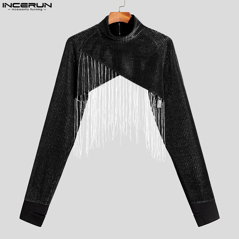 Áo kiểu INCERUN croptop tay dài cổ cao xuyên thấu trang trí tua rua độc đáo thời trang dành cho nam