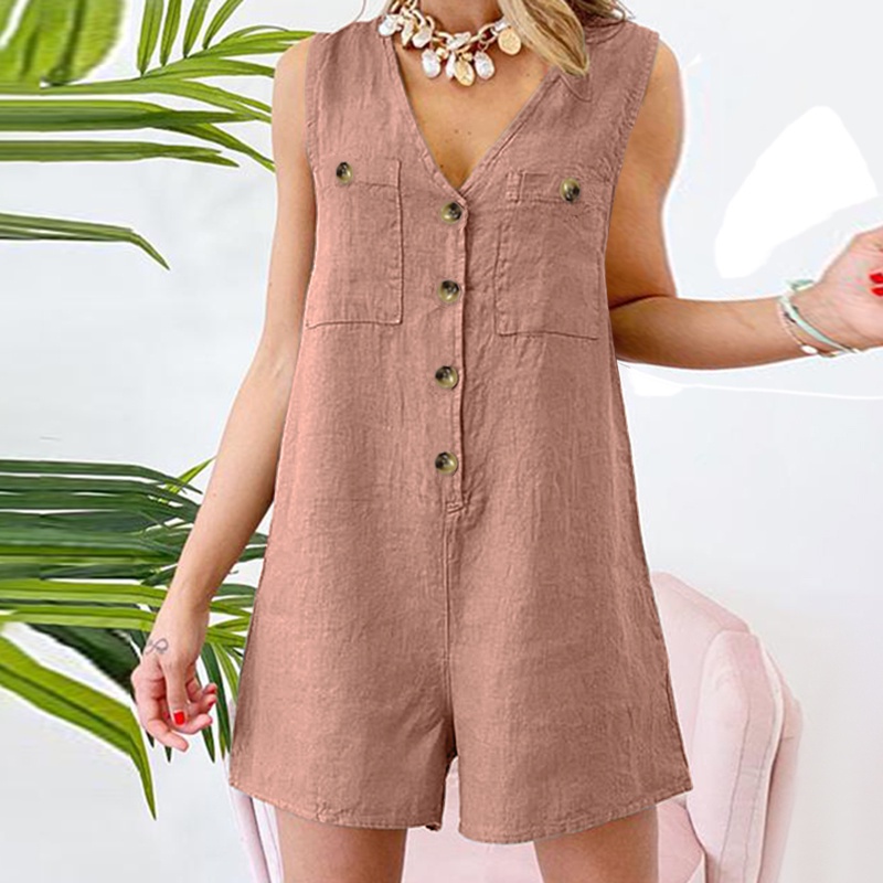 Jumpsuit ZANZEA Dáng Rộng Ngắn Vải Cotton Không Tay Màu Trơn Cổ Chữ V Cho Nữ