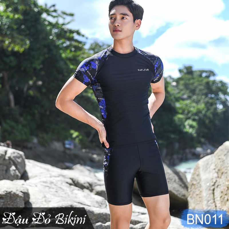 Bộ bơi nam cộc tay quần sooc đùi khỏe khoắn, quần và áo bơi cho phái mạnh, chất bơi thun lạnh Spandex cao cấp | BN011