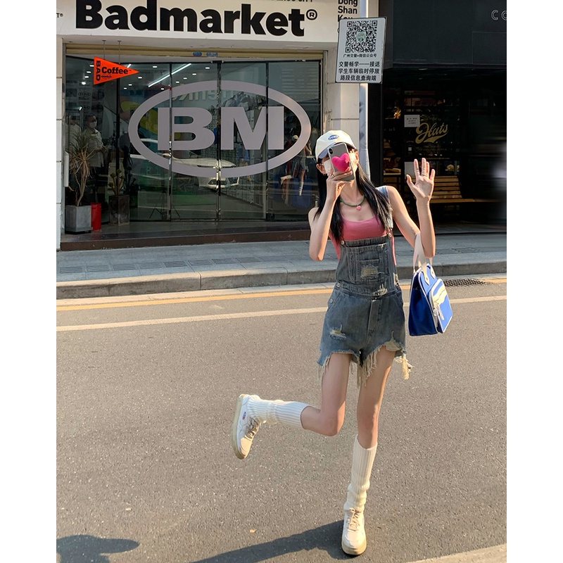 Quần Yếm Denim Ống Rộng Lưng Cao Thời Trang Dành Cho Nữ