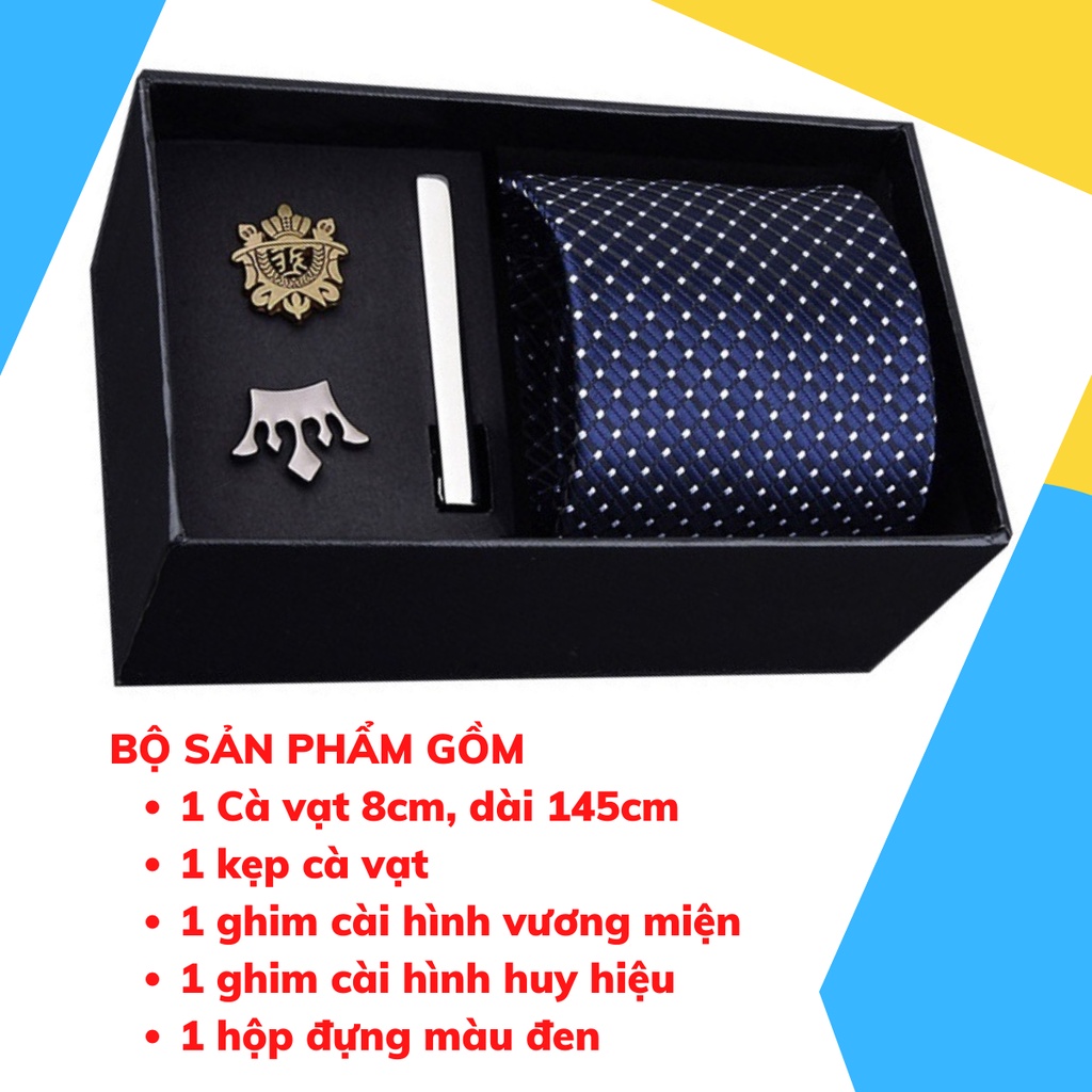 Set cà vạt bản to 8cm làm quà tặng cho Nam gồm cà vạt, kẹp cà vạt, ghim cài áo đóng hộp lịch sự CCV-11