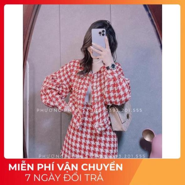 SET VÁY DẠ TWEED KẺ ĐỎ QC SIÊU HOT