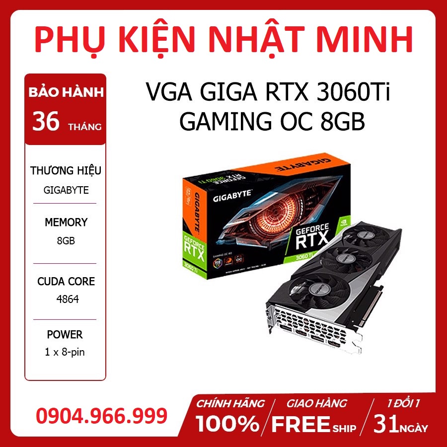 [giảm sốc] Card màn hình gigabyte RTX 3060ti gaming OC hàng full new chính hãng bảo hành 36 tháng lỗi 1 đổi 1