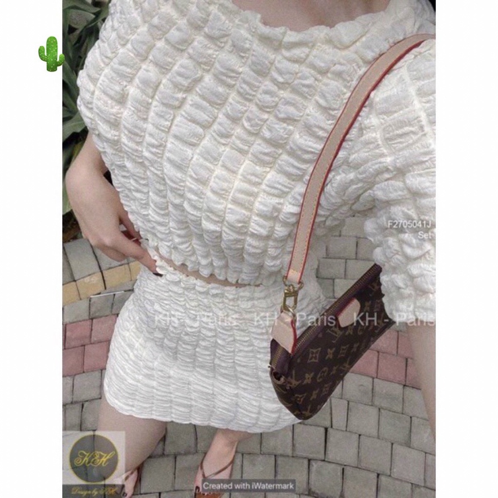 Set bộ áo croptop nữ tay ngắn chân váy chữ A vải xốp ô vuông may kém quần kiểu dáng hiện đại PC127