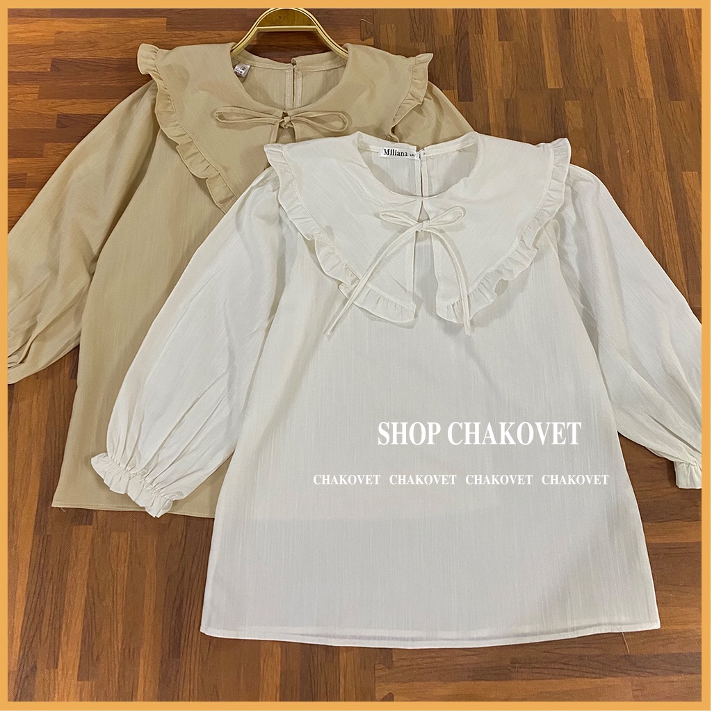 Áo kiểu nữ hàn quốc bánh bèo CKA880, sơ mi nữ tay lỡ cổ bèo buộc nơ tay bo chun thích hơp mặc đi làm đi học | BigBuy360 - bigbuy360.vn