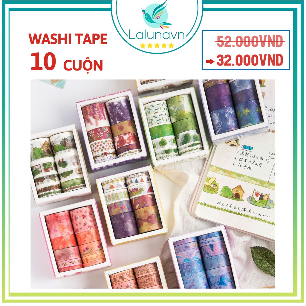 Set 10 cuộn Washi Tape băng dính dán , trang trí có Hộp xinh yêu - A09