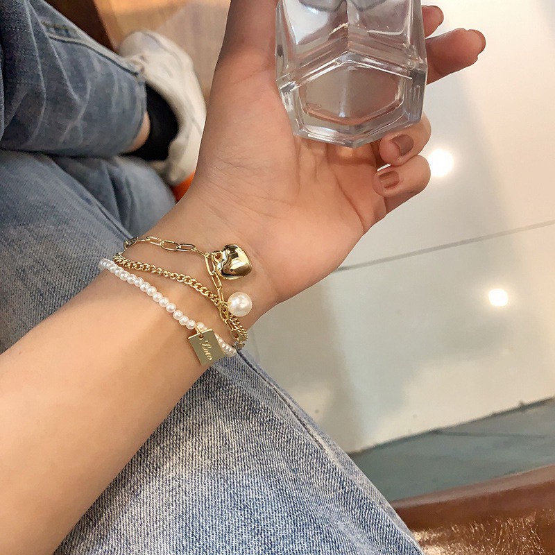 Vòng đeo tay ba lớp đính ngọc trai nhân tạo thời trang dành cho nữ