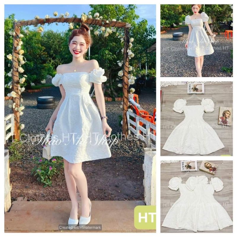 Váy trắng cổ vuông tay bồng xốp hoa ly, váy đẹp dự tiệc.