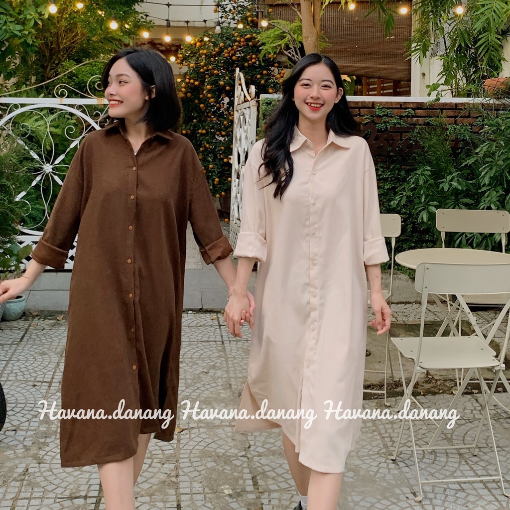 Đầm sơ mi dáng suông chất nhung AE61