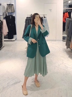 Set áo blazer - váy 2 dây xanh cổ vịt
