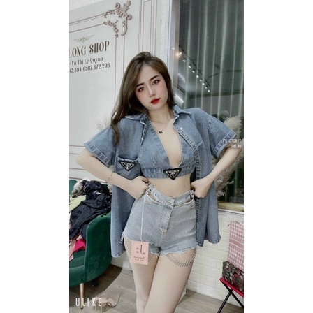 Set cặp áo jean xanh áo sơ mi áo bra