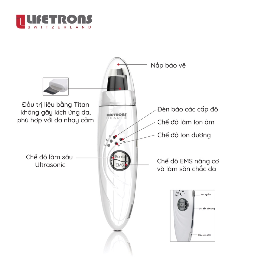 Máy tẩy tế bào chết và nâng cơ mặt Lifetrons UI-400 với 3 mức độ trị liệu ion dương và âm giúp da rực rỡ, săn chắc hơn