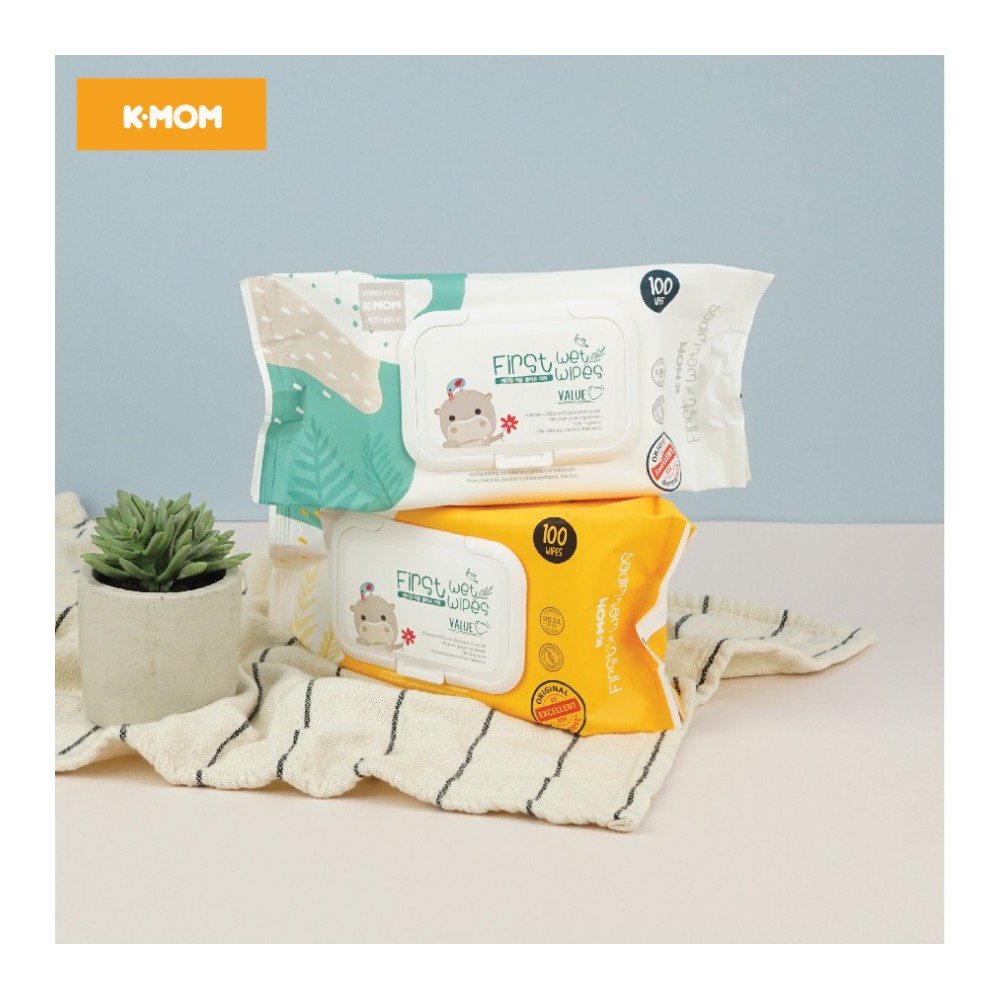 Khăn ướt cho bé K-MOM vân nổi có nắp 100c, khăn giấy 100% cotton ướt siêu mềm - Monnie Kids