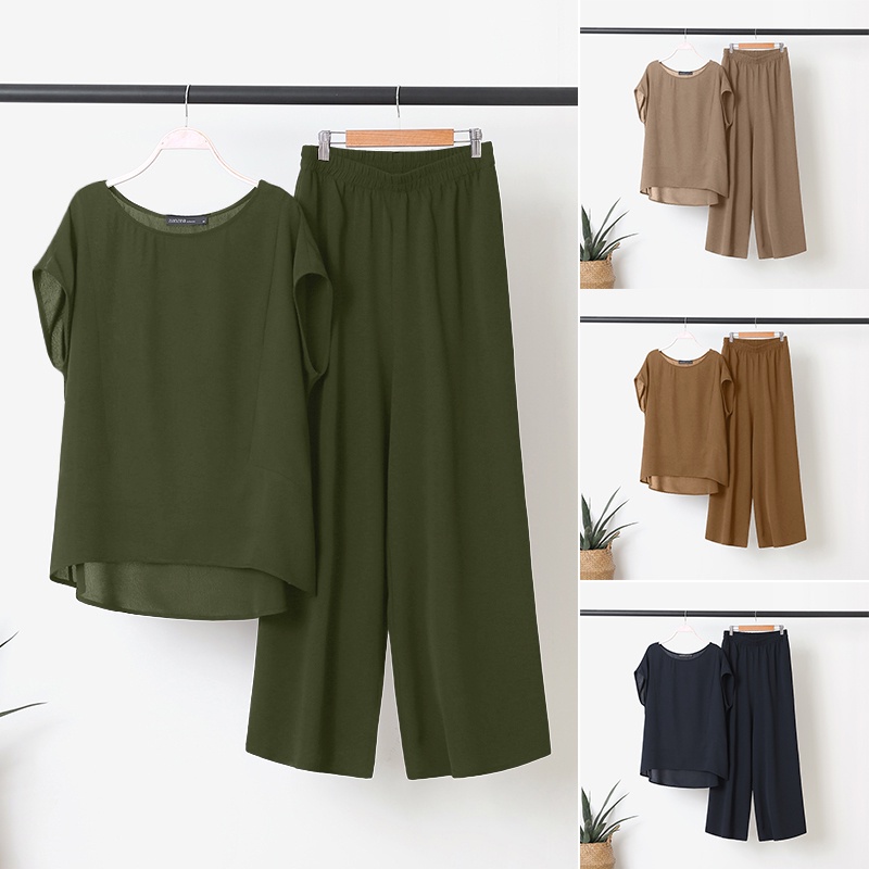 Set đồ ZANZEA gồm áo thun ngắn tay cổ tròn và quần ống rộng thời trang Hàn Quốc cho nữ