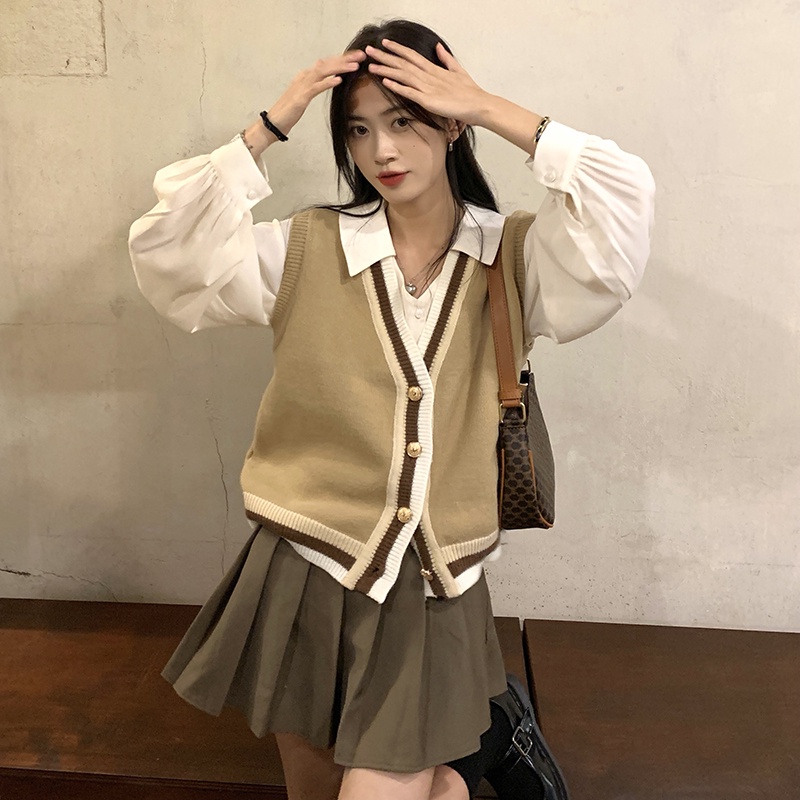 Áo khoác len không tay cổ chữ V màu sắc tương phản thời trang | BigBuy360 - bigbuy360.vn