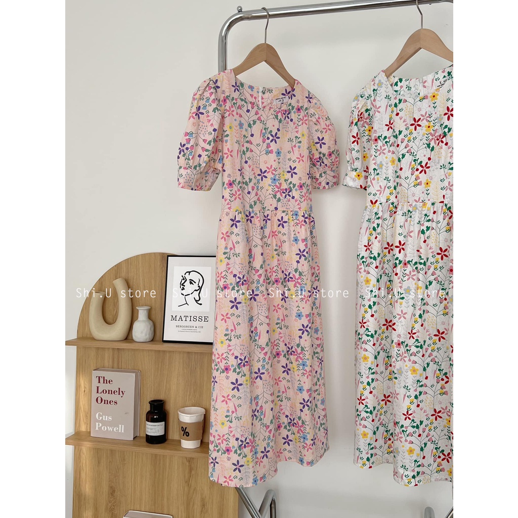 Váy hoa nhí babydoll dáng dài tay bồng có dây buộc eo ulzzang đầm hoa chất thô mát xinh xắn