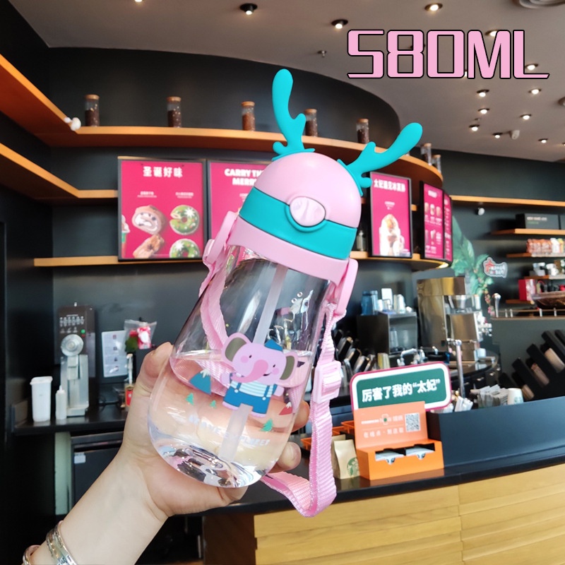 Bình nước cho trẻ em tập uống nước, đựng nước đi học đi chơi kèm ống hút, hình dán và dây đeo tiện lợi LB308 LoBi.Kiss
