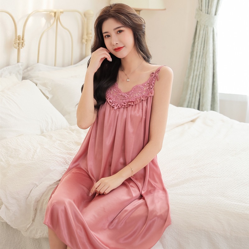 Đồ ngủ Hai Dây Vải Lụa Mỏng Dáng Rộng Phối Ren Thời Trang Quyến Rũ Cho Nữ