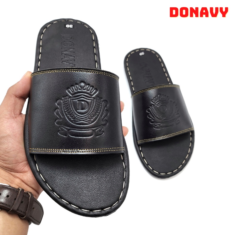 Dép Quai Ngang Nam Da Bò Thật 100%, DONAVYVM Kiểu Quai Vương Miện Cao Cấp, May Quai Full Handmade Chắc Chắn D.QNVM