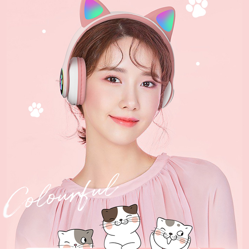 Basspal Bluetooth 5.0 Wireless Headphone with LED Cat Cute Paw Support TF Card