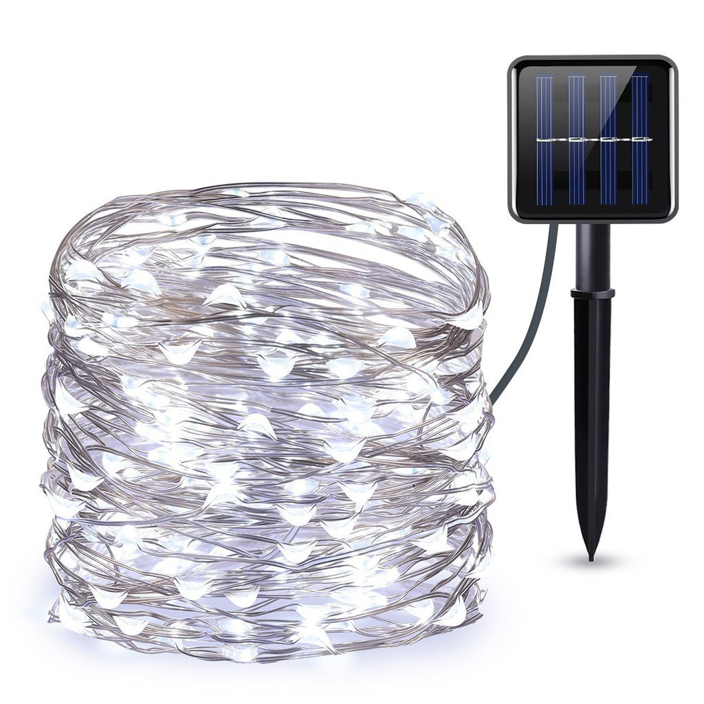 Dây đèn 100 bóng LED 10m chạy bằng năng lượng mặt trời chống nước tốt hỗ trợ trang trí không gian