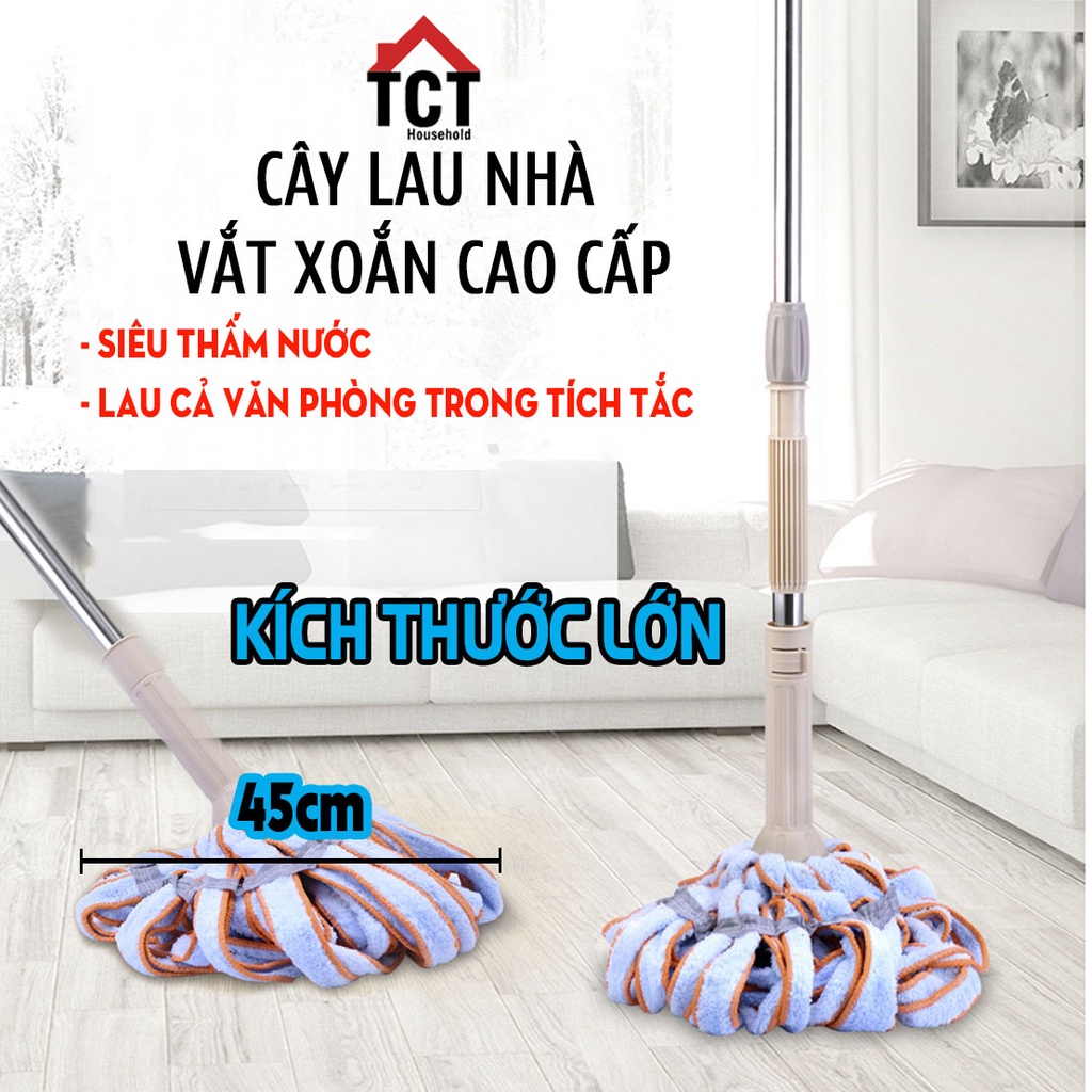 Cây Lau Nhà Vắt Trợ Lực Lớn Cao Cấp Điều Chỉnh 86-132cm TCThousehold, Cán Thép Không Gỉ, Vải Siêu Thấm